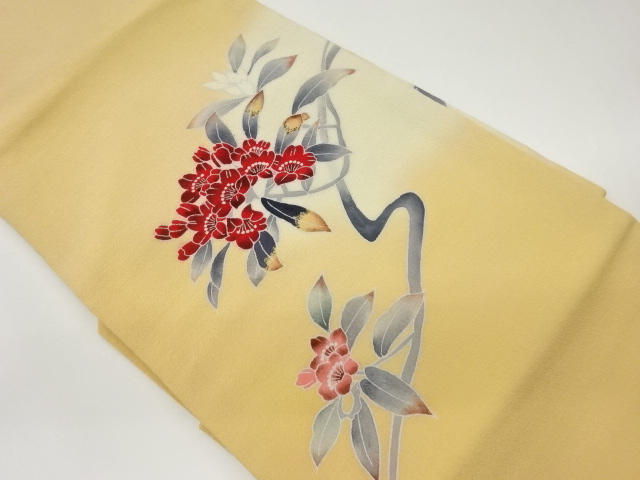 JAPANESE NAGOYA OBI / CHIRIMEN / FLORAL PLANTS / ARTIST WORK